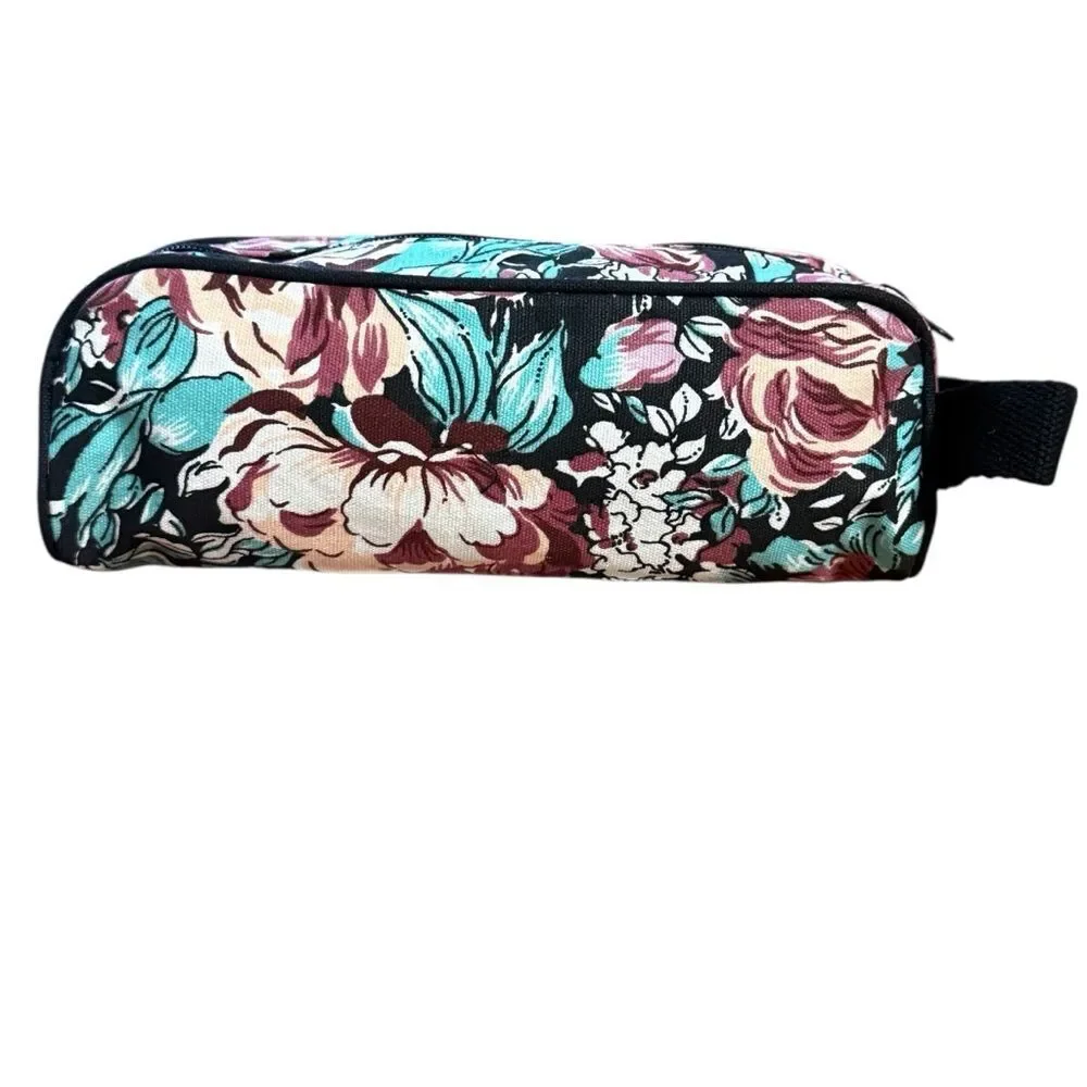 Vintage 93 Avon Floral Travel Cosmetic Bag Black Pink White Blue